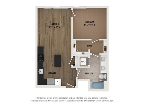 Floor plan for 1 bed, 1 bath, 676 sqft